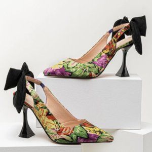 Leaf Print Bow Decor Slingback Heels